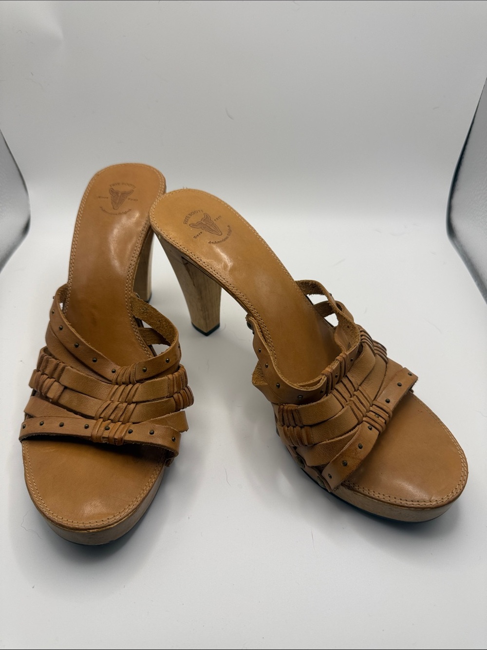 Frye Tan Leather Braided Stud Mule Heels